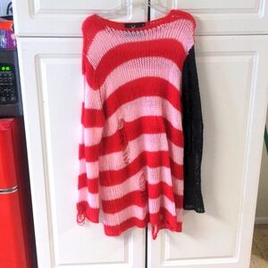 Killstar Red and Pink Asymmetrical Oversized Distressed Sweater